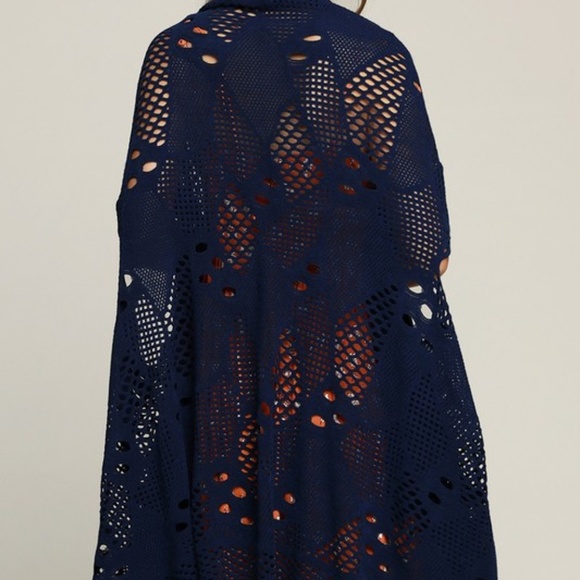 Dark grey crochet knit kimono with fringe accent - Picture 2 of 3